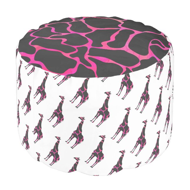 Giraffe Hot Pink and Black Silhouette Pouf (Angled Back)