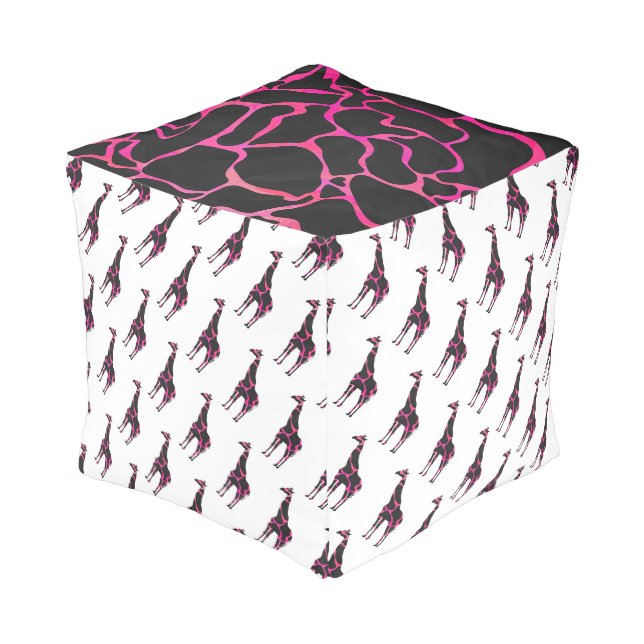 Giraffe Hot Pink and Black Silhouette Pouf (Angled Back)
