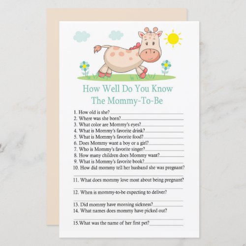 Giraffe How well do you know baby shower game