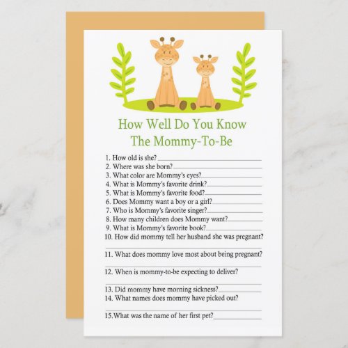 Giraffe How well do you know baby shower game