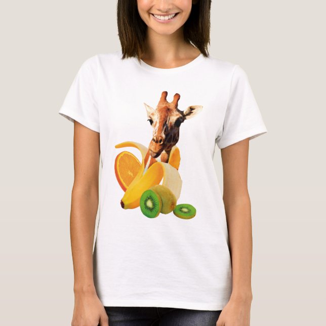 Giraffe in a Banana with orange and Kiwi Fruits T-Shirt (Front)