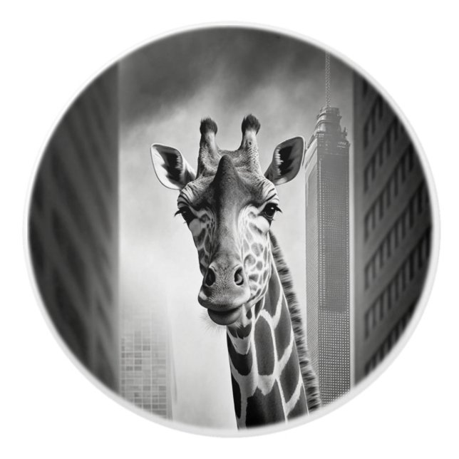 Giraffe in a Cityscape Ceramic Knob (Front)