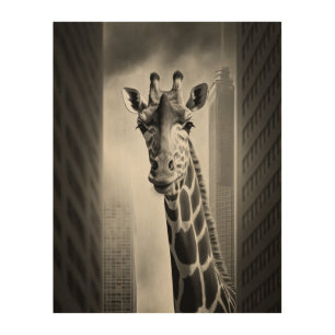 Giraffe in a Cityscape Wood Wall Art