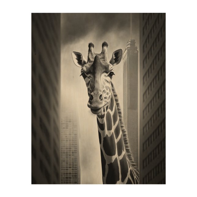 Giraffe in a Cityscape Wood Wall Art (Front)