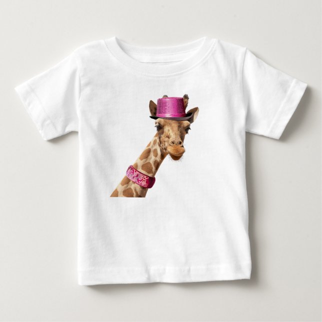 Giraffe in a pink shiny hat baby T-Shirt (Front)