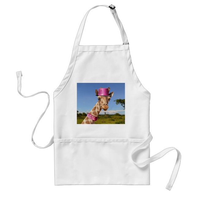 Giraffe in a sparkly pink hat adult apron (Front)