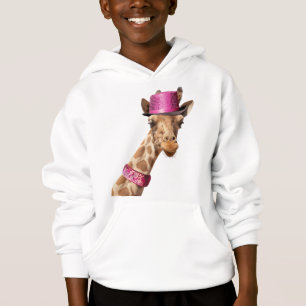 Giraffe in a sparkly pink hat hoodie