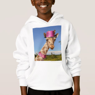 Giraffe in a sparkly pink hat hoodie