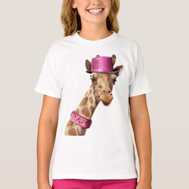 Giraffe in a sparkly pink hat T-Shirt (Front)