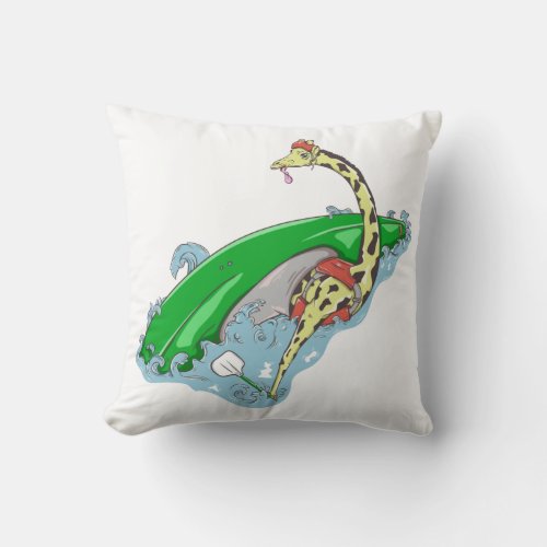 Giraffe in a white water kayak throw pillow