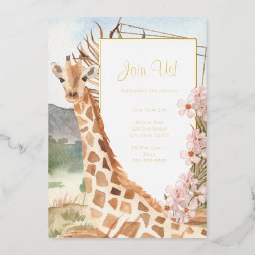 Giraffe in African Savannah Birthday Party Gold Foil Invitation