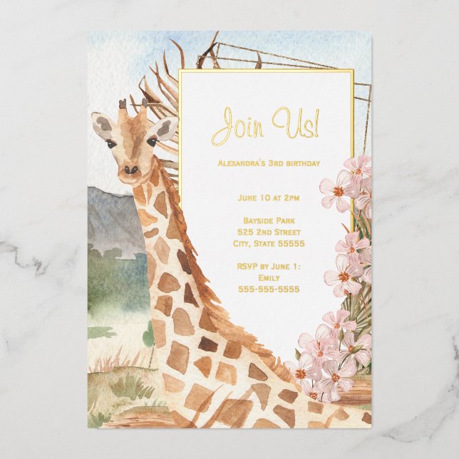 Giraffe in African Savannah Birthday Party Gold Foil Invitation (Front)