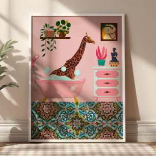 Giraffe in Bathtub Funny Animal Bathroom  Poster
