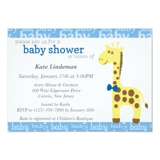 Giraffe in Blue Bow Baby Shower for Boy Card