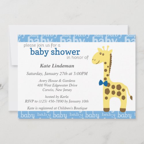 Giraffe in Blue Bow Baby Shower for Boy Invitation