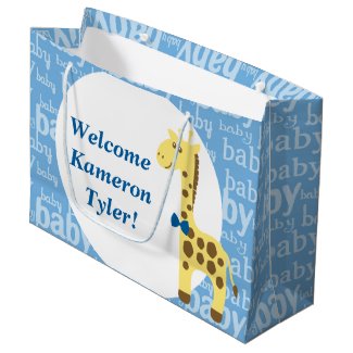 Giraffe in Blue Bow Baby Shower for Boy Large Gift Bag