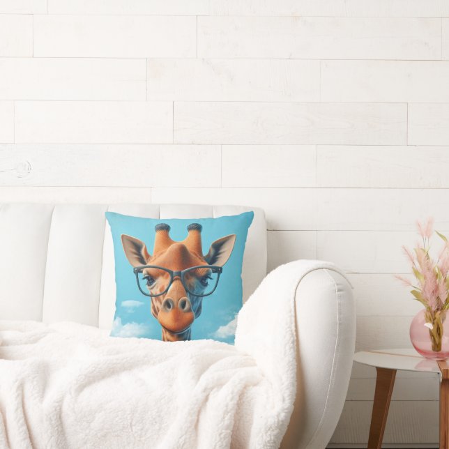 Giraffe In Clouds Wearing Eyeglasses Throw Pillow (Couch)