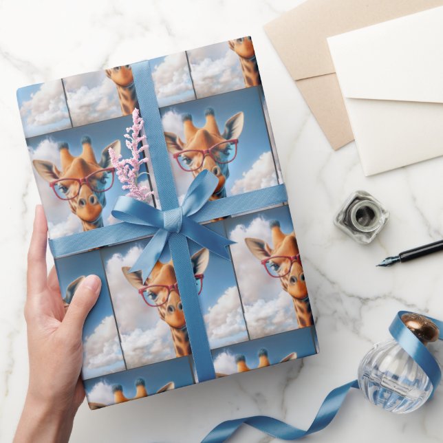 Giraffe In Clouds Wearing Red Glasses Wrapping Paper (Gifting)