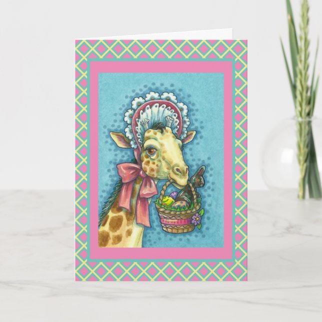 GIRAFFE IN CUTE SPRING EASTER BONNET, EGG BASKET HOLIDAY CARD (Front)
