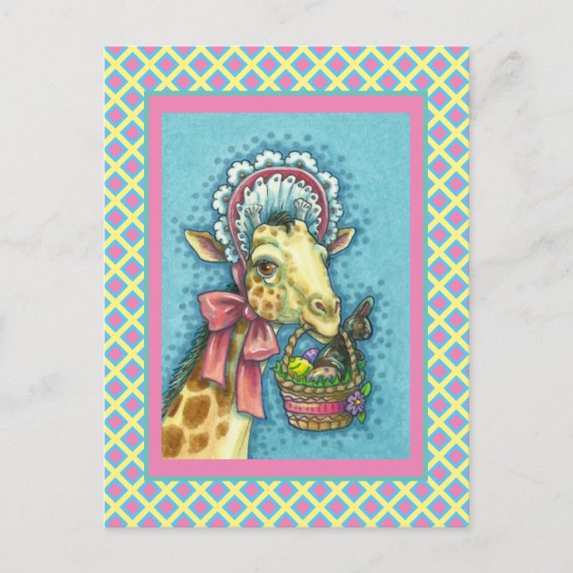 GIRAFFE IN CUTE SPRING EASTER BONNET, EGG BASKET HOLIDAY POSTCARD (Front)