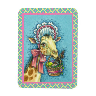 GIRAFFE IN CUTE SPRING EASTER BONNET, EGG BASKET MAGNET
