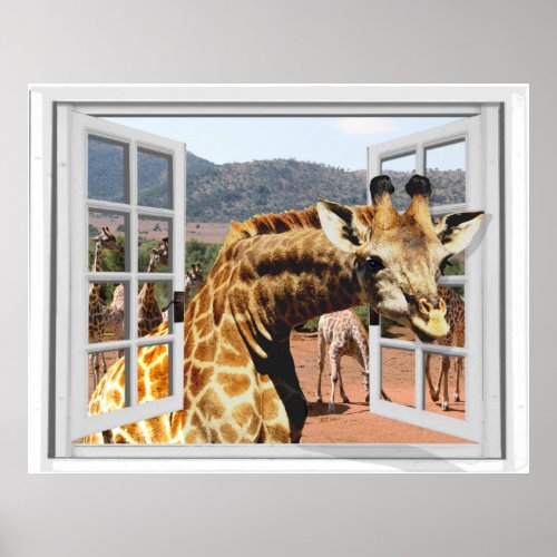 Giraffe in Fake Window View Trompe loeil Effect Poster