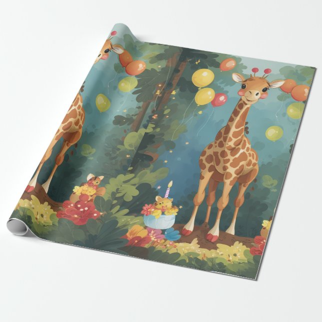 Giraffe in Jungle with Cake | Wrapping Paper (Unrolled)