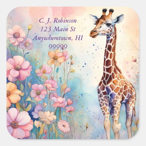 Giraffe In Pastel Garden Address  Square Sticker