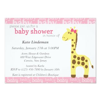 Giraffe in Pink Bow Baby Shower for Girl Card