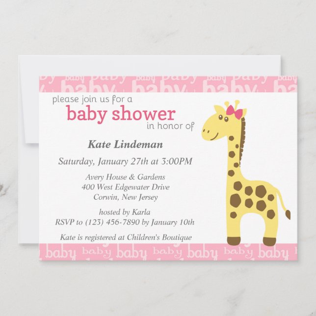 Giraffe in Pink Bow Baby Shower for Girl Invitation (Front)