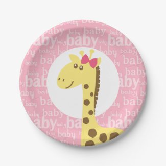 Giraffe in Pink Bow Baby Shower for Girl Paper Plate