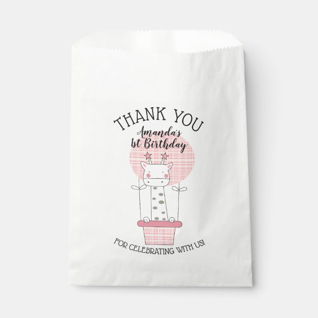 Giraffe in Pink Yellow Hot Air Balloon Thank You Favor Bag (Front)
