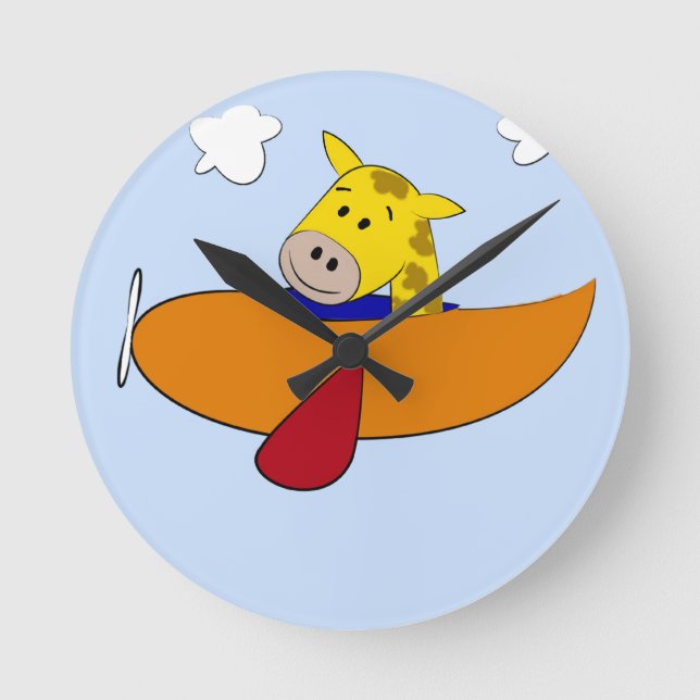 Giraffe in Plane Kids Round Clock (Front)
