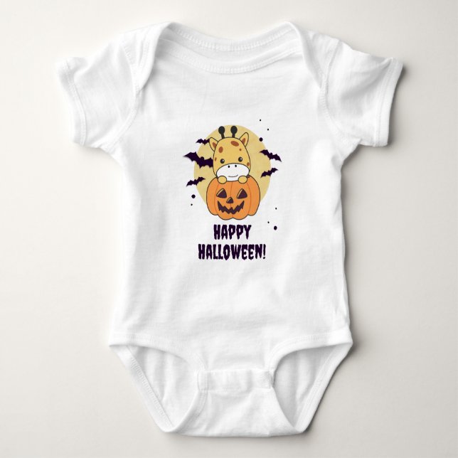 Giraffe In Pumpkin Cute Giraffes Happy Halloween Baby Bodysuit (Front)