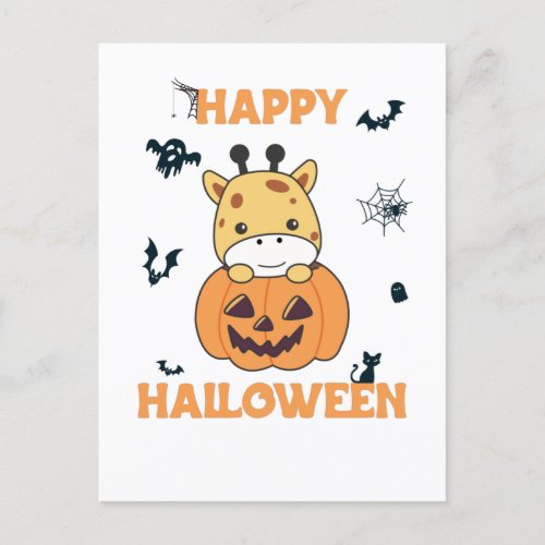 Giraffe In Pumpkin Cute Giraffes Happy Halloween Holiday Postcard