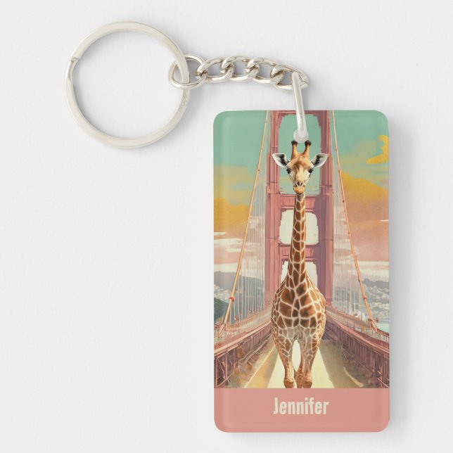 Giraffe in San Francisco on the Golden Gate Bridge Keychain (Front)