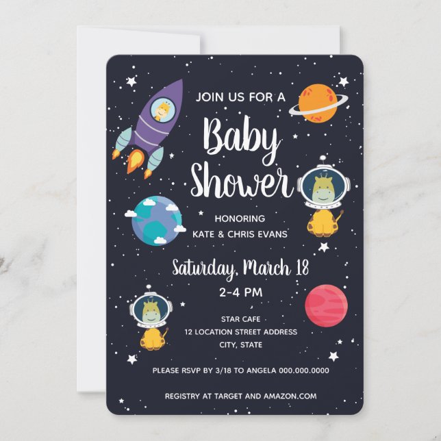 Giraffe in Space Baby Shower Space Navy Galaxy Invitation (Front)