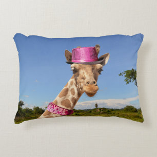 Giraffe in sparkly pink hat accent pillow