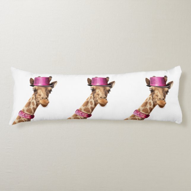 Giraffe in sparkly pink hat body pillow (Front)