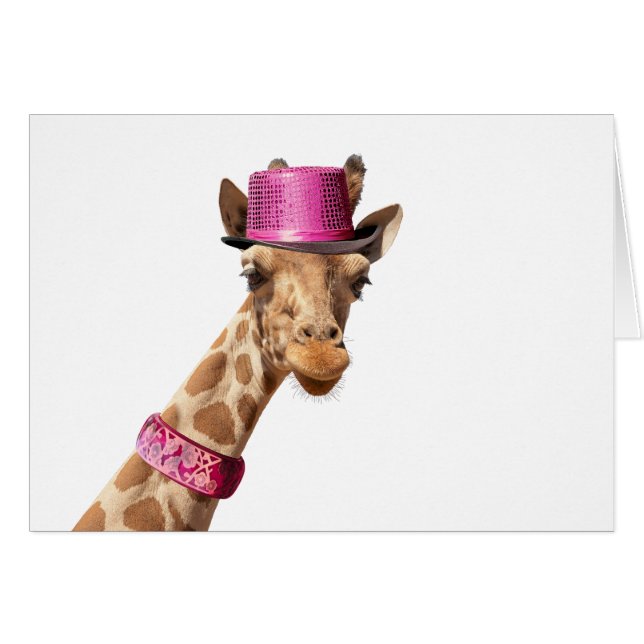 Giraffe in sparkly pink hat cards (Front Horizontal)