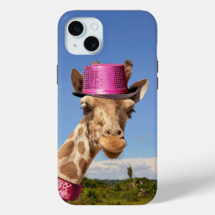 Giraffe in sparkly pink hat iPhone 15 plus case