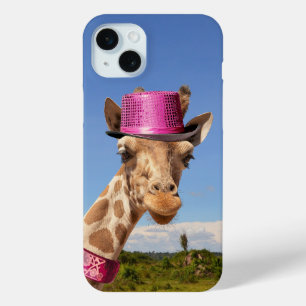 Giraffe in sparkly pink hat iPhone 15 plus case