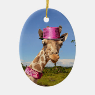 Giraffe in sparkly pink hat ceramic ornament