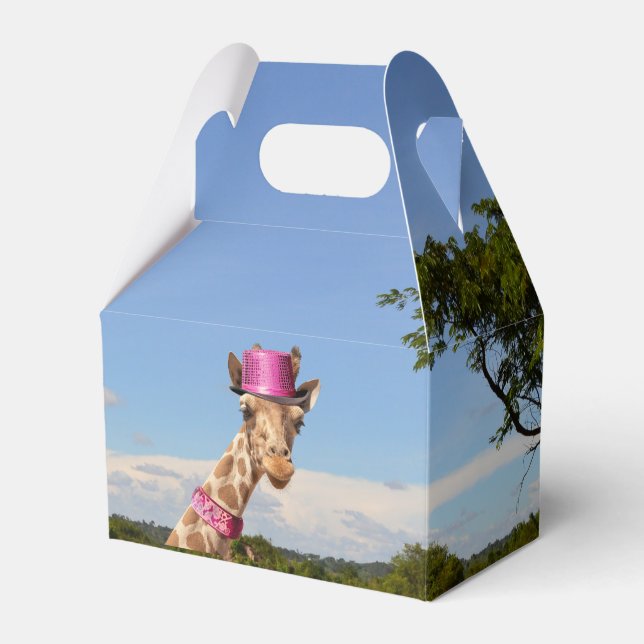 Giraffe in sparkly pink hat favor boxes (Front Side)