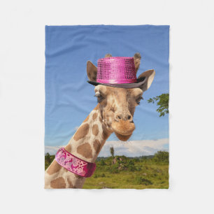 Giraffe in sparkly pink hat fleece blanket