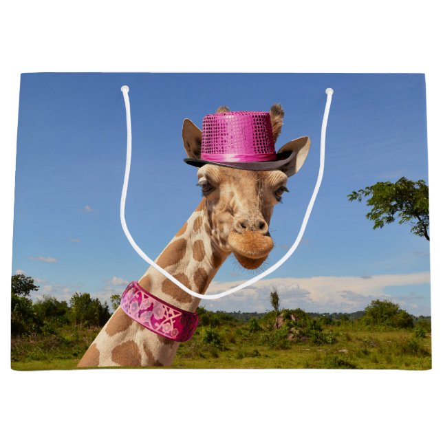 Giraffe in sparkly pink hat large gift bag (Front)