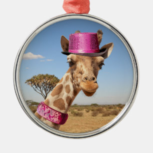Giraffe in sparkly pink hat metal ornament