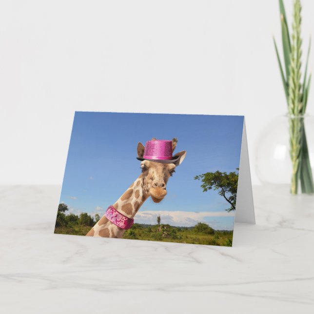 Giraffe in sparkly pink hat note card (Front)