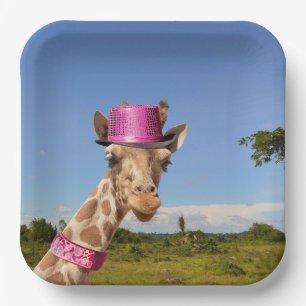 Giraffe in sparkly pink hat paper plates