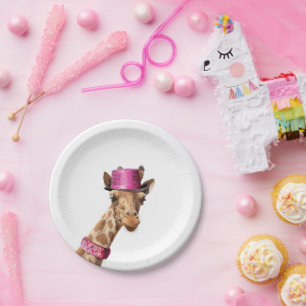 Giraffe in sparkly pink hat paper plates